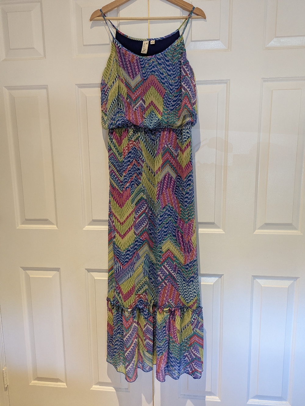 Emma & Michele Multicolor Chevron Print Maxi Summer Dress with Ruffle Hem Boho
